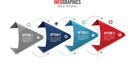 Four Steps Infographics Design Template: Creative Vector Arrow Flowchart for Business Presentation, Process Timeline, Options, and Workflow Visualization.