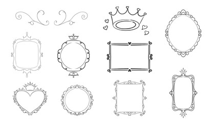 Princess frame mirror set line fairy. Whimsical cute doodle mirrors with crown for baby princess. Collection elegant pastel decor.