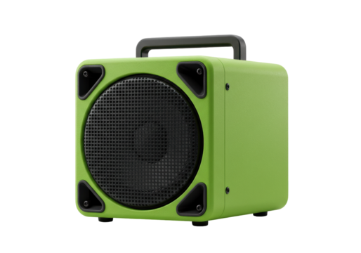 Isolated green speaker with handle on top for portable sound and music enjoyment lifestyle
