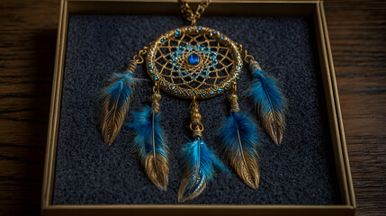 Gold dreamcatcher on dark texture presents ornate detail. Product photography, craft branding, poster design.