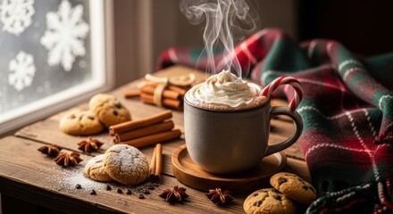 Hot cocoa mug with whipped cream and candy cane with cookies and cinnamon sticks