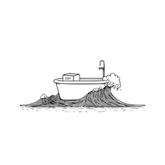 Bathtub sailing on ocean waves with soap doodle art vector illustration for bathroom decor and design