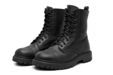 Black leather combat boots, lace-up footwear pair, rugged fashion accessory, transparent background isolated