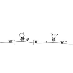 Minimalist line art illustration of two stick figure characters with spools of thread and a tiny flower 100