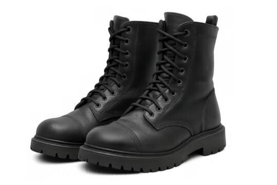 Black leather combat boots, lace-up footwear pair, rugged fashion accessory, transparent background isolated