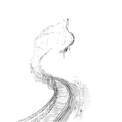 Illustration of a winding wooden walkway bridge path over water with detailed line work black and white art