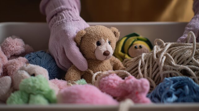 Messy Pet Corner concept. A hand reaching for a teddy bear among colorful yarns and plush toys in a storage box.