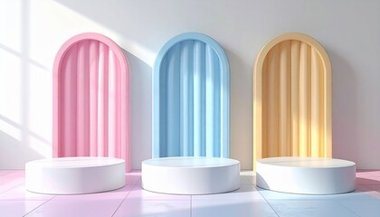 Minimalistic Pastel Display with Arches and Platforms, Ideal for Product Presentation