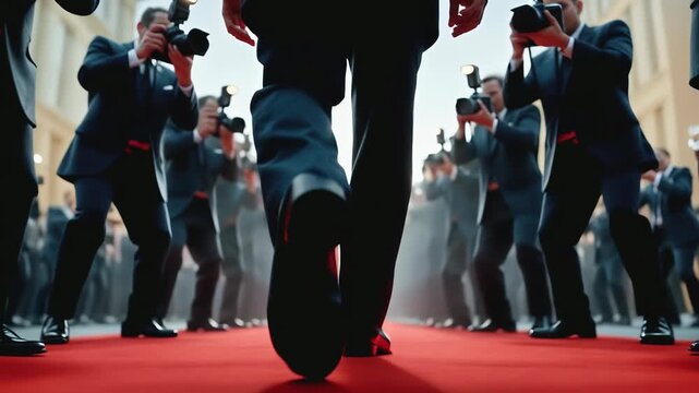 A celebrity man walking the red carpet at a movie star premiere event. A concept of fame with paparazzi flash photography.