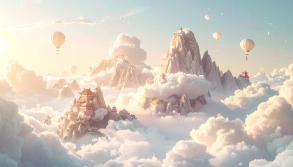 Ethereal mountain peaks with ancient temples rise above a sea of clouds as hot air balloons float in the sky.