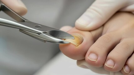 A podiatrist uses specialized nippers to carefully trim a thick, discolored toenail on an older person's foot, promoting cleanliness and foot health during a routine treatment.