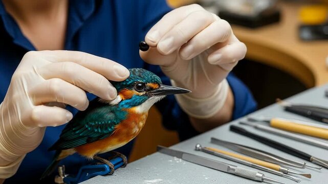 A taxidermist carefully attaches an eye to a vibrant stuffed bird, showcasing expertise in preserving wildlife. Tools and materials are neatly arranged on the workbench.