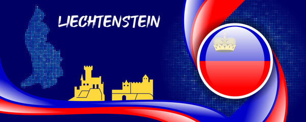 Naklejka premium Liechtenstein Flag with Map and Famous Landmarks in Blue and Red Abstract Background