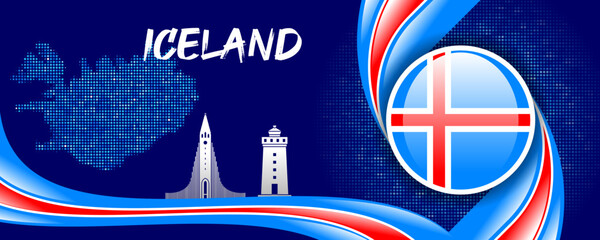 Iceland Flag with Map and Famous Landmarks in Blue, Red, and White Abstract Background