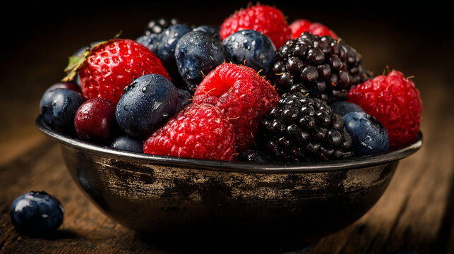 A bowl filled with a variety of fresh berries including strawberries raspberries blueberries and blackberries - Powered by Adobe