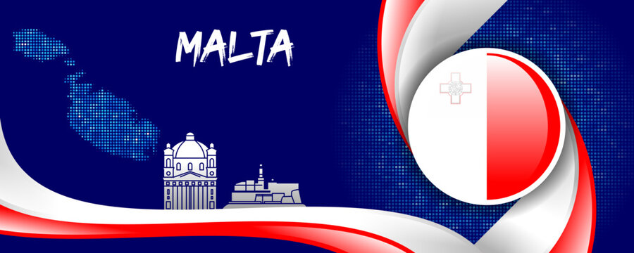 Malta Flag with Map and Famous Landmarks in Red and White Abstract Background