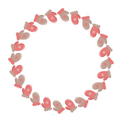 A festive circular wreath made of alternating pink and beige winter mittens decorated with snowflakes. Cozy seasonal design perfect for Christmas, New Year, holiday cards, invitations, and winter