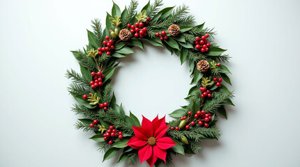 Flat Lay Christmas Wreath Frame Made of Fir Branches, Red Berries, and Poinsettia on White Background | Festive Holiday Border with Central