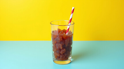 Refreshing Glass of Cold Soda Candy with Striped Straw on a Bright Yellow and Blue Background | Sweet Fizzy Drink Inspired Gummy Candies in a Clear Tumbler Glass
