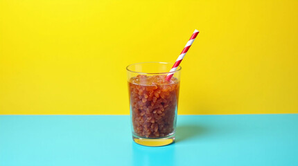 Refreshing Glass of Cold Soda Candy with Striped Straw on a Bright Yellow and Blue Background | Sweet Fizzy Drink Inspired Gummy Candies in a Clear Tumbler Glass