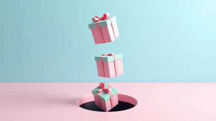 Three Minimalist Pink and Mint Gift Boxes Falling into a Hole on a Pastel Blue and Pink Background | Modern Birthday Sale and Presentation Concept
