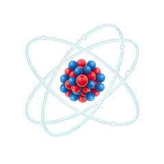 Abstract atomic model with nucleus and orbiting electrons depicted with red and blue spheres and white orbital paths isolated on a transparent background scientific concept illustration