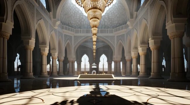 Architectural marvel inside a vast hall with pillars and intricate designs, bathed in sunlight and