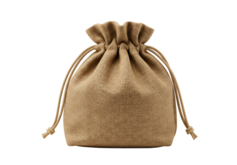 Isolated sack pouch package, filled with products. Eco shopping with rope closure drawstring