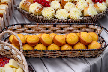 Top view on corn bread muffins ( Proja on serbian) for breakfast - Baked cornbread pone fresh organic vegetarian food. 