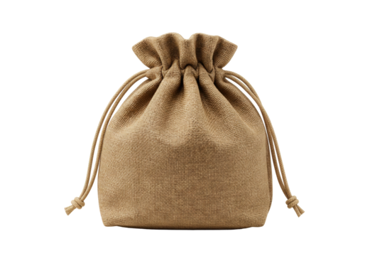 Isolated sack pouch package, filled with products. Eco shopping with rope closure drawstring