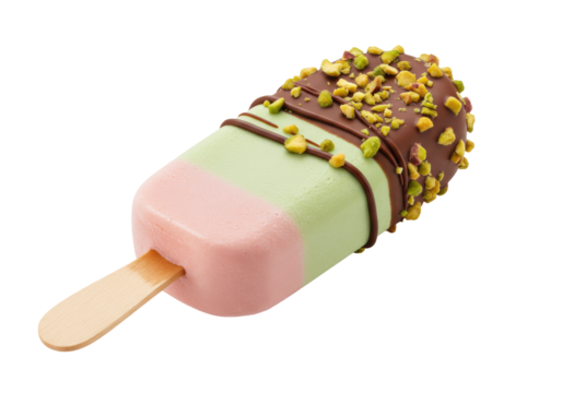 Isolated three-layer ice cream bar with chocolate, pistachio, and wooden stick on a plain surface