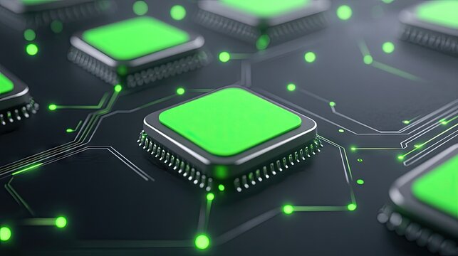 Detailed close-up of a green circuit board featuring integrated components with connected pathways, showcasing advanced technology in electronics design and manufacturing
