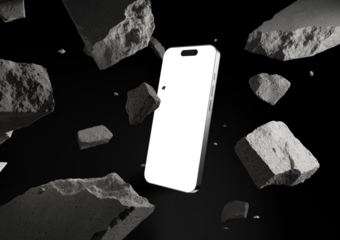Futuristic 3D smartphone mockup with transparent screen floating among suspended concrete debris on black background