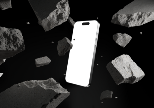 Futuristic 3D smartphone mockup with transparent screen floating among suspended concrete debris on black background