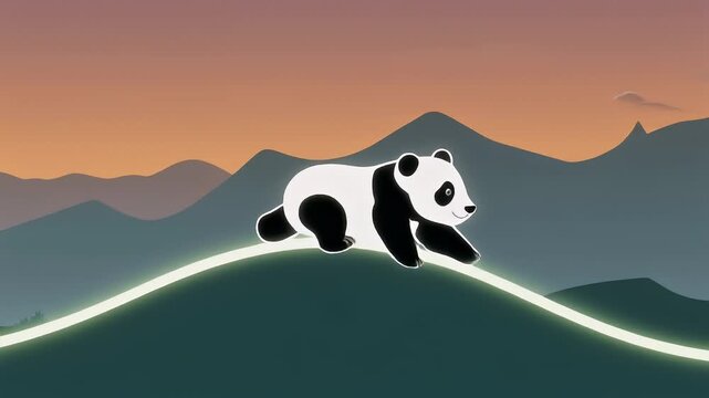 Animated panda walking on a path against mountains and sunset sky