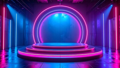 Vibrant Stage Design with Neon Lights and Atmospheric Lighting for Show or Event