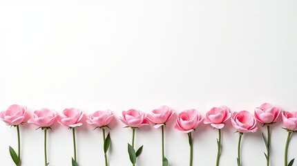 Perfect Line of Pink Lisianthus Flowers on a Clean White Background with Copy Space | Beautiful Minimalist Floral Pattern Border for Wedding and Feminine Designs