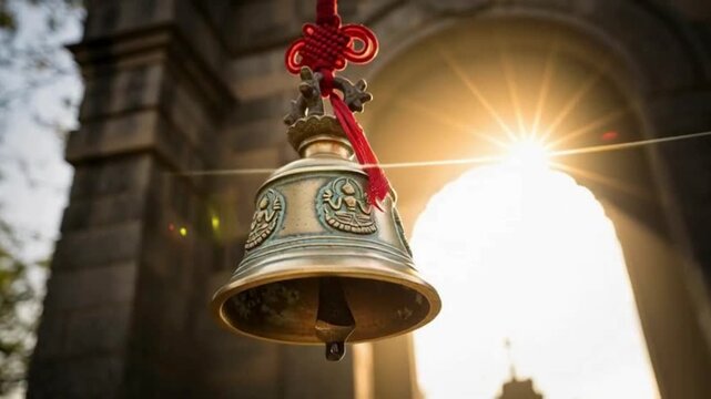 Sunlight streams through a golden Tibetan prayer bell, creating a peaceful moment of spiritual reflection and meditation in ancient temple setting