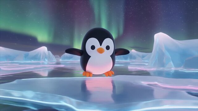 Animated penguin on ice with aurora borealis background