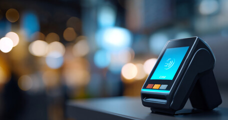 A payment terminal with a blue screen and the word CRM on it is sitting in front of out-of-focus lights