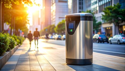 A modern smart waste bin on a sun-drenched city sidewalk, showcasing urban technology and environmental solutions at sunset.