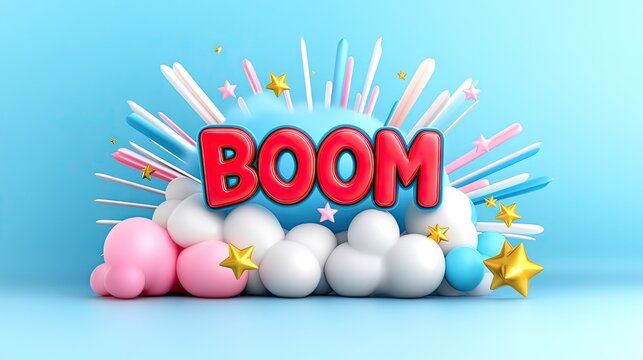 Bright and colorful word BOOM is central to an explosion backdrop, surrounded by radiant rays and stars, creating an energetic and playful atmosphere perfect for illustrations or logos
