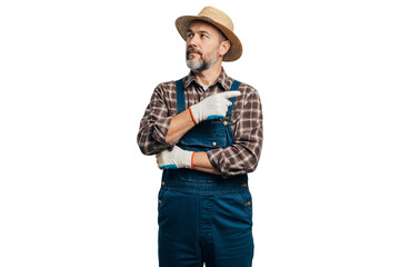 Isolated male farmer in plaid shirt and overalls pointing to side