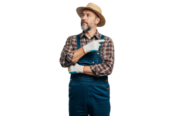 Isolated male farmer in plaid shirt and overalls pointing to side