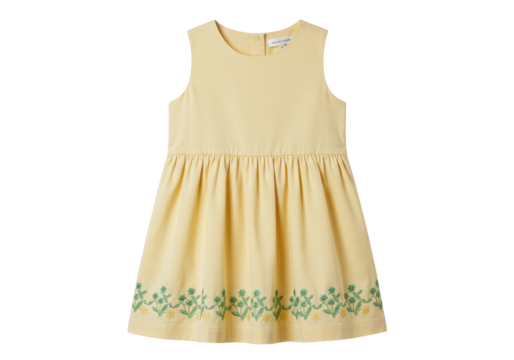 Isolated pastel-yellow dress with embroidered floral border, sleeveless girl's sundress
