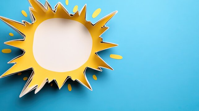 A unique comic speech bubble design showcases a blank center, surrounded by bright yellow rays and set against a vivid blue background. The minimalist style emphasizes creativity
