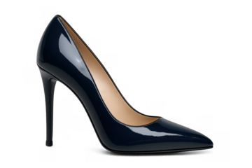 Navy blue high heel stiletto pump shoe with patent leather finish, classic women's footwear fashion element