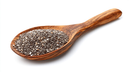A wooden spoon filled with a pile of chia seeds, isolated on a white background, close up studio shot