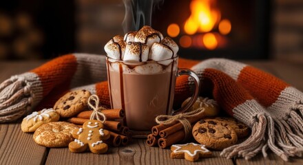 Cup of hot chocolate with marshmallows, surrounded by cinnamon sticks and cookies