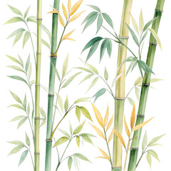 Obraz premium Watercolor painting of vibrant green and yellow bamboo stalks with leaves on a black background